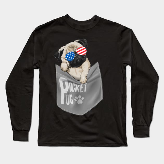 Pocket Pug American Flag 4th Of July Long Sleeve T-Shirt by Rumsa